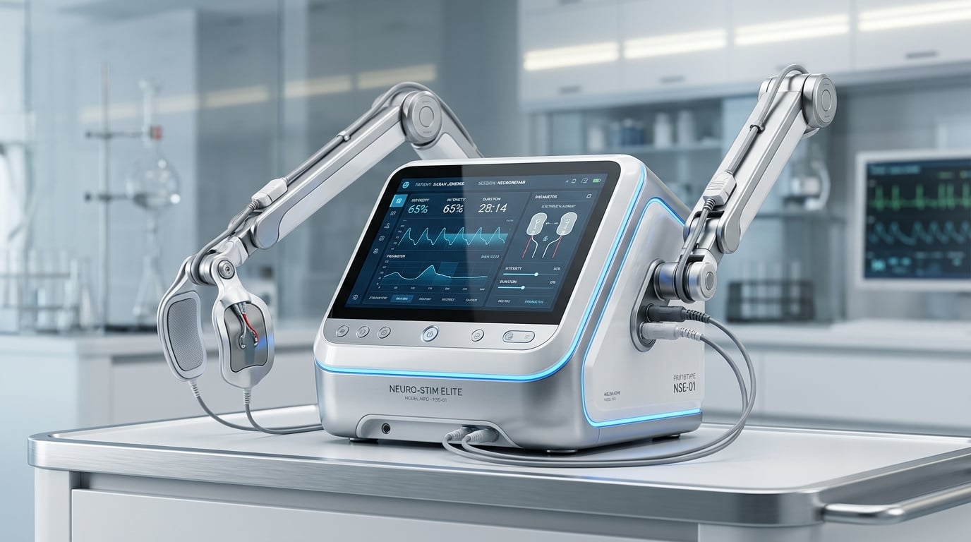 ElectroScience multi-modal electrostimulation research prototype — conceptual medical device with touchscreen interface, multi-channel electrode system, and precision waveform generation